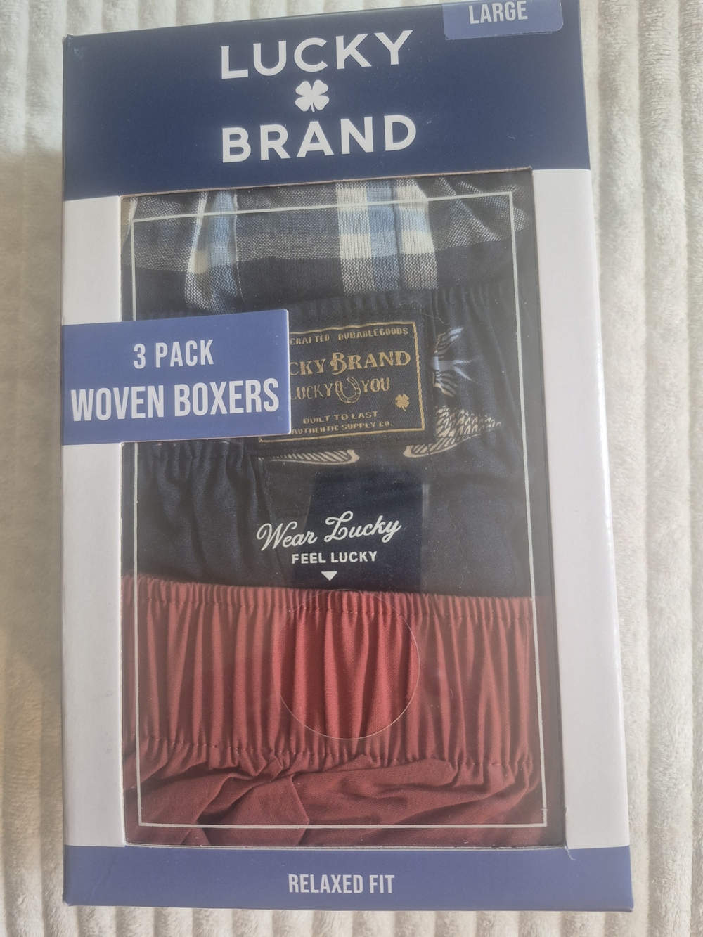 Lucky Brand 3-Pack Woven Boxers - Navy Plaid, Solid Navy, Burgundy